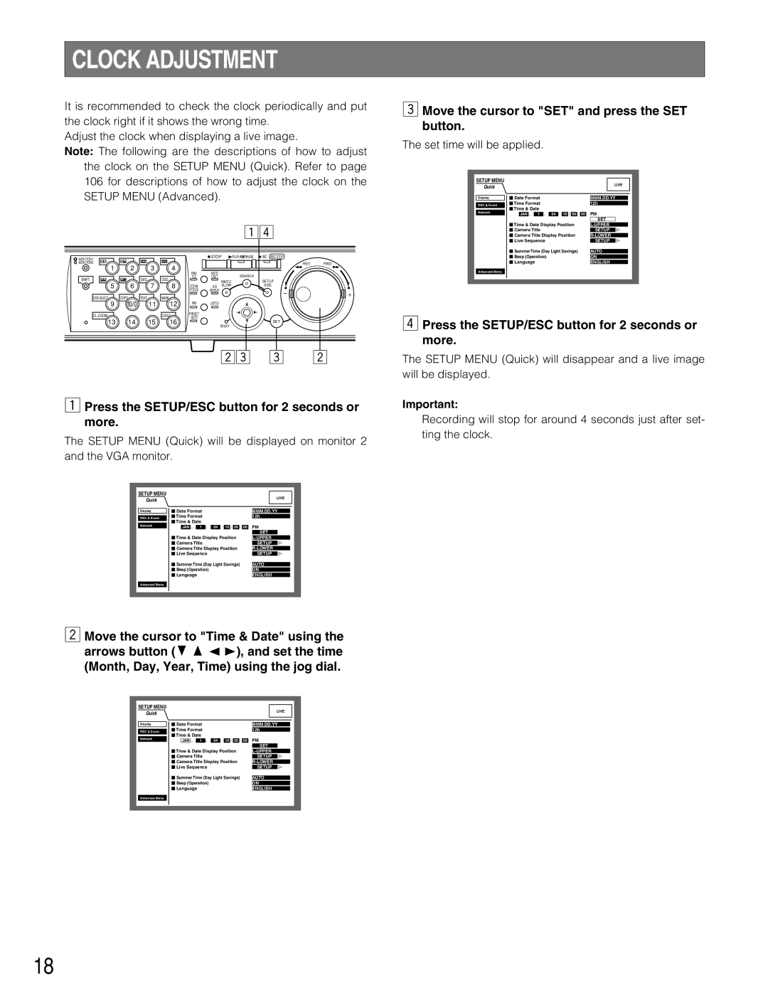 Panasonic WJ-HD309A Clock Adjustment, Press the SETUP/ESC button for 2 seconds or more, Set time will be applied 