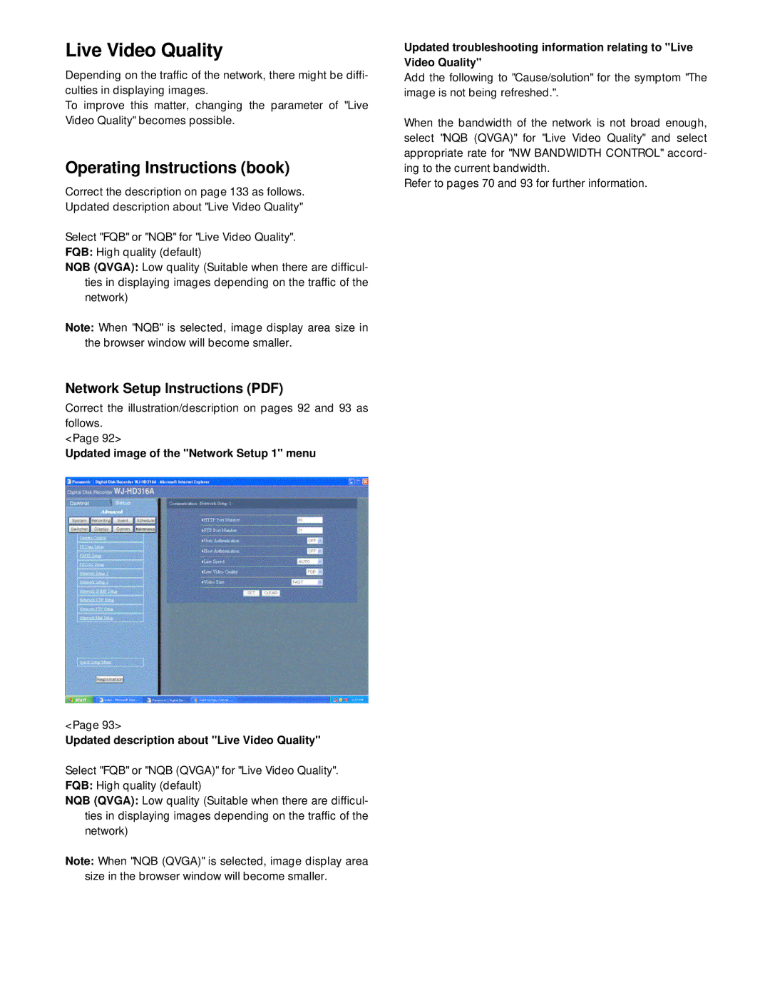 Panasonic WJ-HD316A, WJ-HD309A operating instructions Live Video Quality 