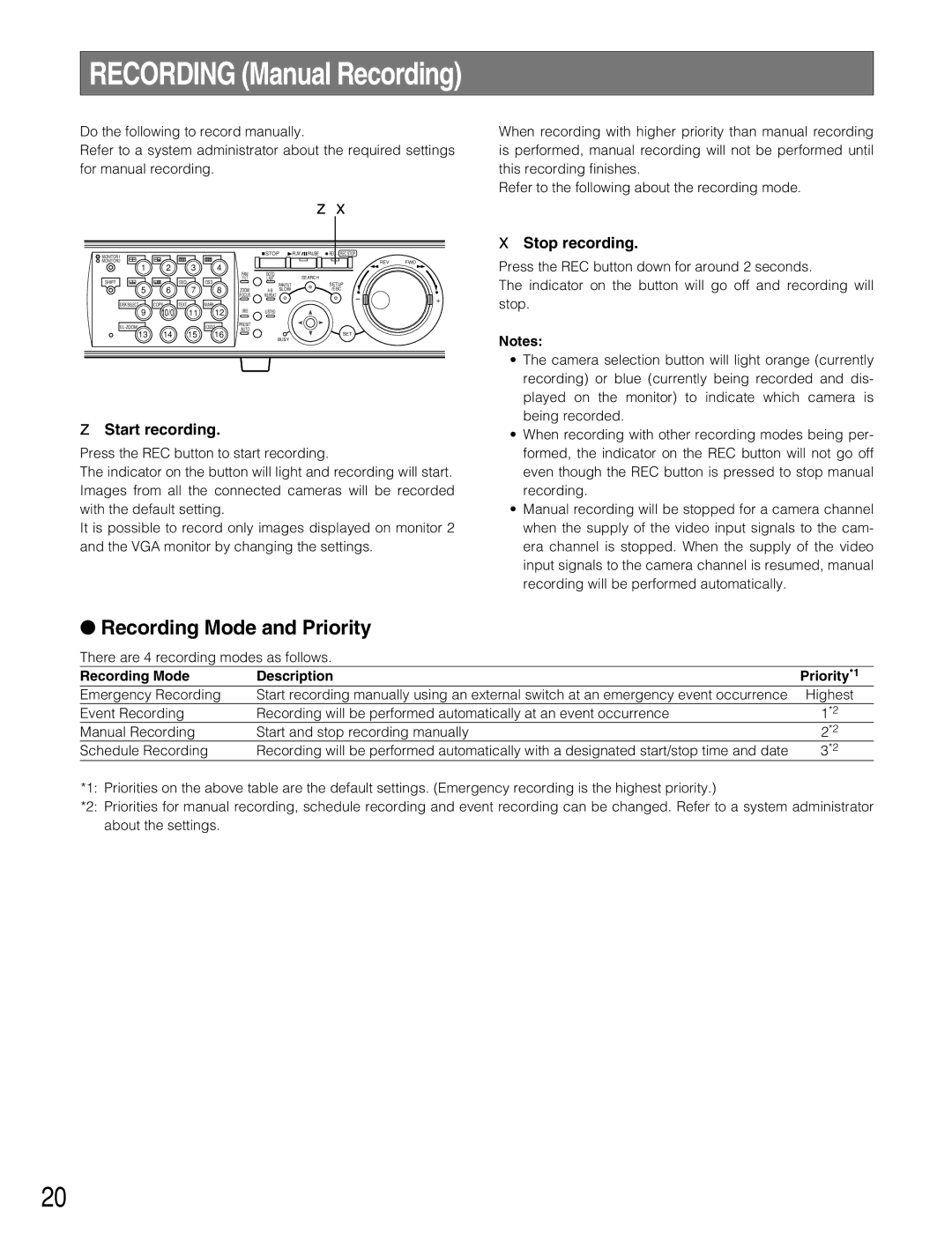 Panasonic WJ-HD309A Recording Mode and Priority, Start recording, Stop recording, There are 4 recording modes as follows 