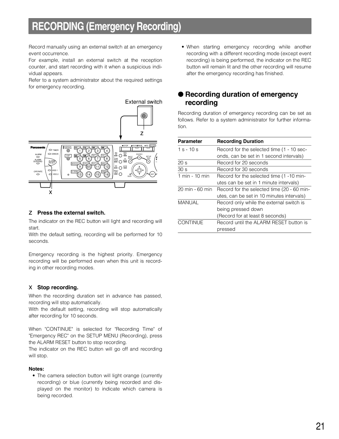 Panasonic WJ-HD316A Recording duration of emergency recording, Press the external switch, Parameter Recording Duration 