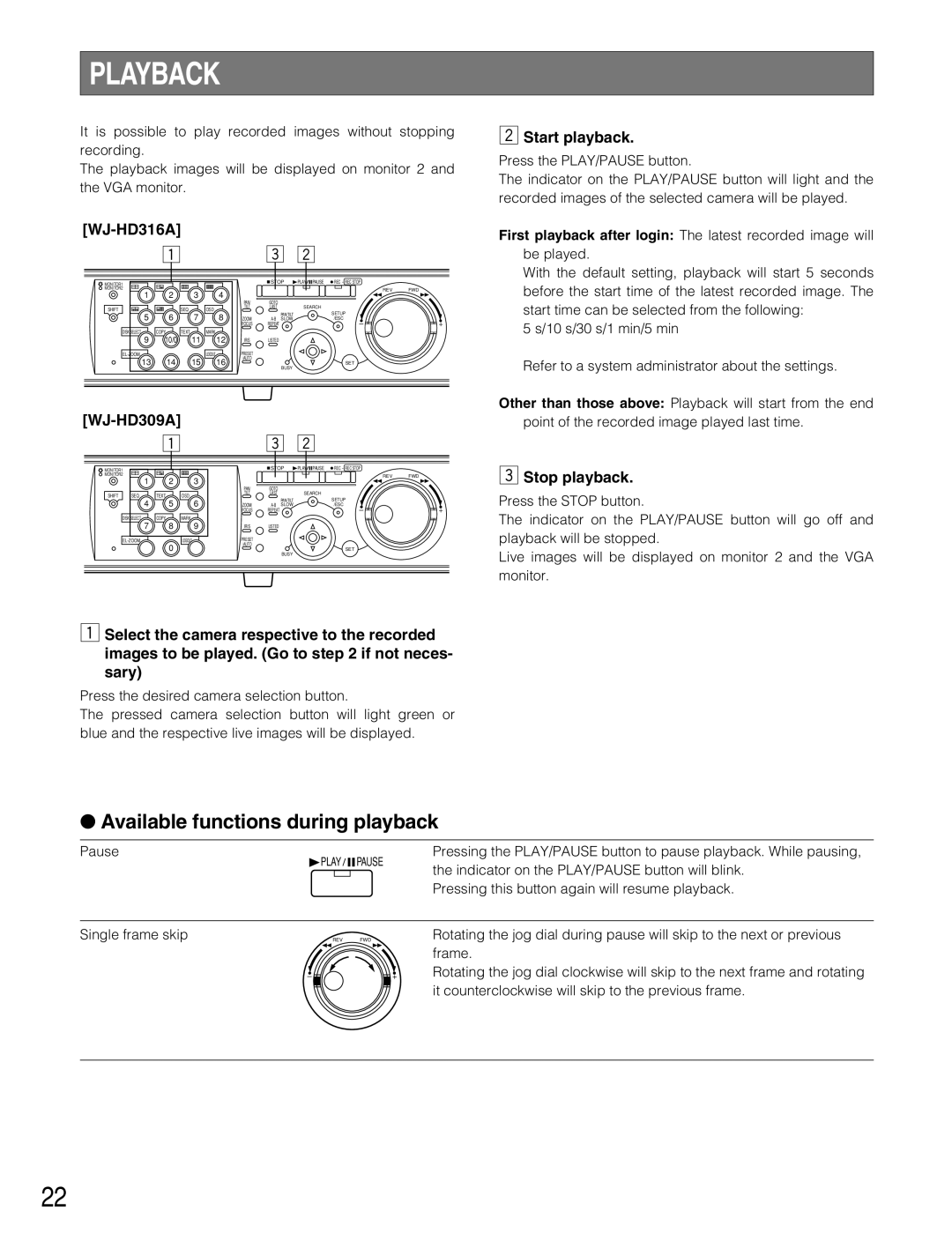 Panasonic WJ-HD309A, WJ-HD316A Playback, Available functions during playback, Start playback, Stop playback 