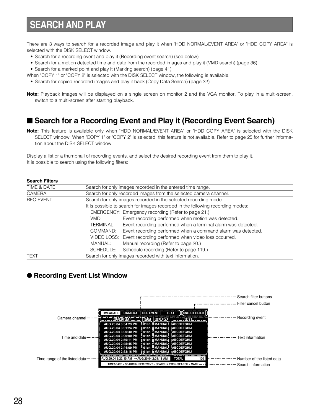 Panasonic WJ-HD309A, WJ-HD316A operating instructions Search and Play, Recording Event List Window, Search Filters 