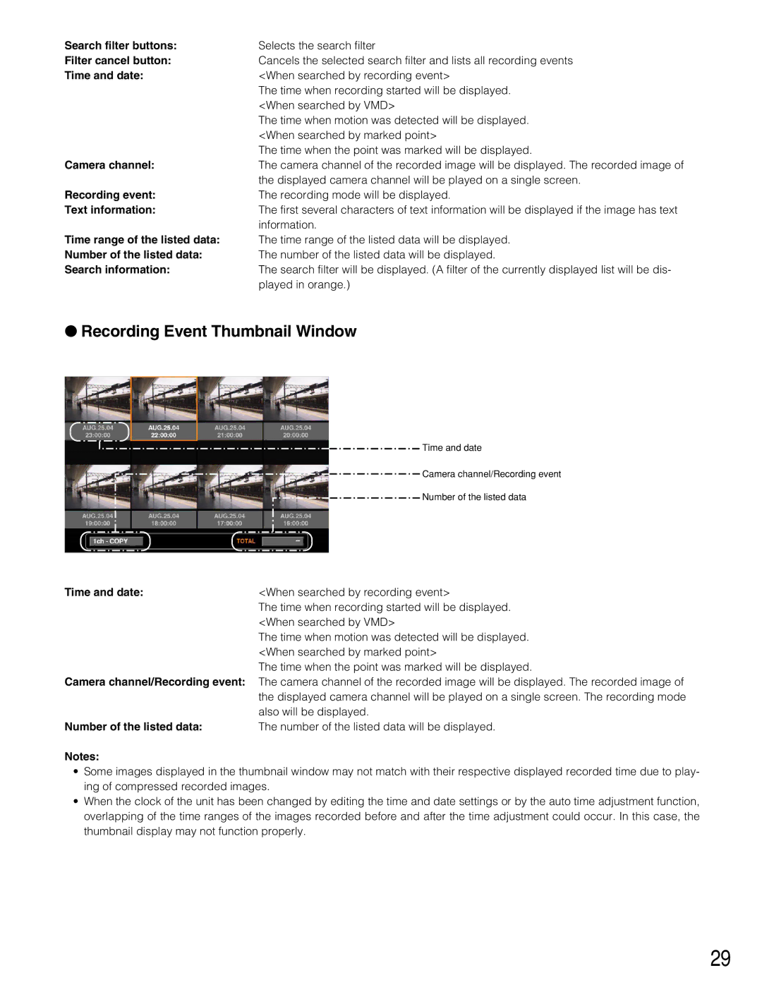 Panasonic WJ-HD316A, WJ-HD309A operating instructions Recording Event Thumbnail Window 