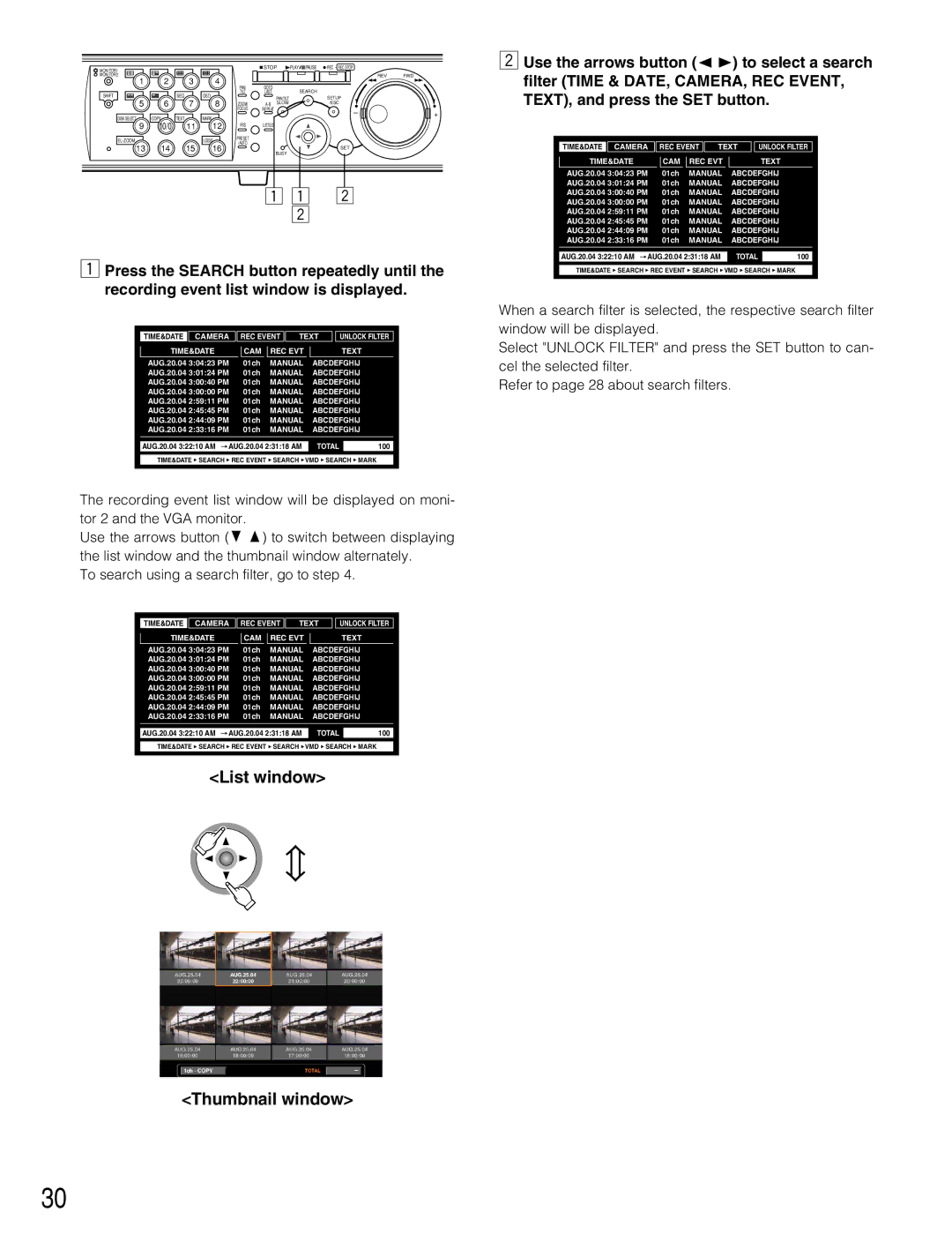 Panasonic WJ-HD309A, WJ-HD316A operating instructions List window, Thumbnail window 