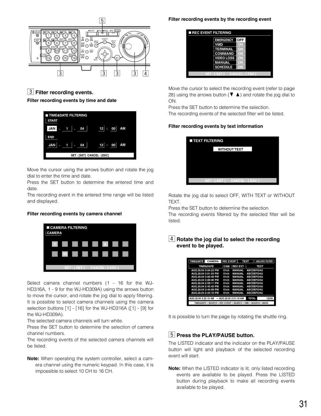 Panasonic WJ-HD316A, WJ-HD309A Filter recording events by time and date, Filter recording events by camera channel 