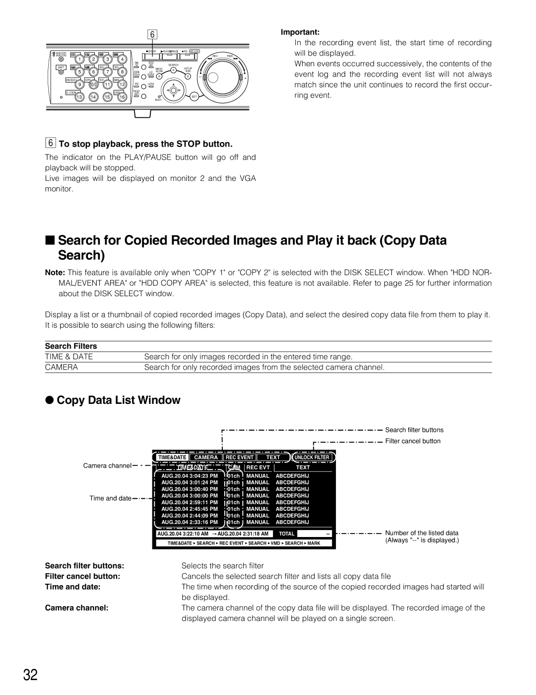 Panasonic WJ-HD309A, WJ-HD316A operating instructions Copy Data List Window, To stop playback, press the Stop button 