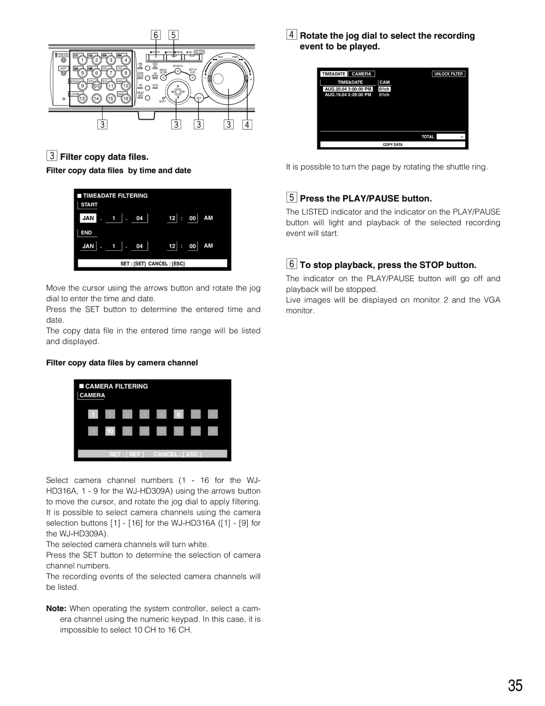 Panasonic WJ-HD316A, WJ-HD309A Filter copy data files by time and date, Filter copy data files by camera channel 