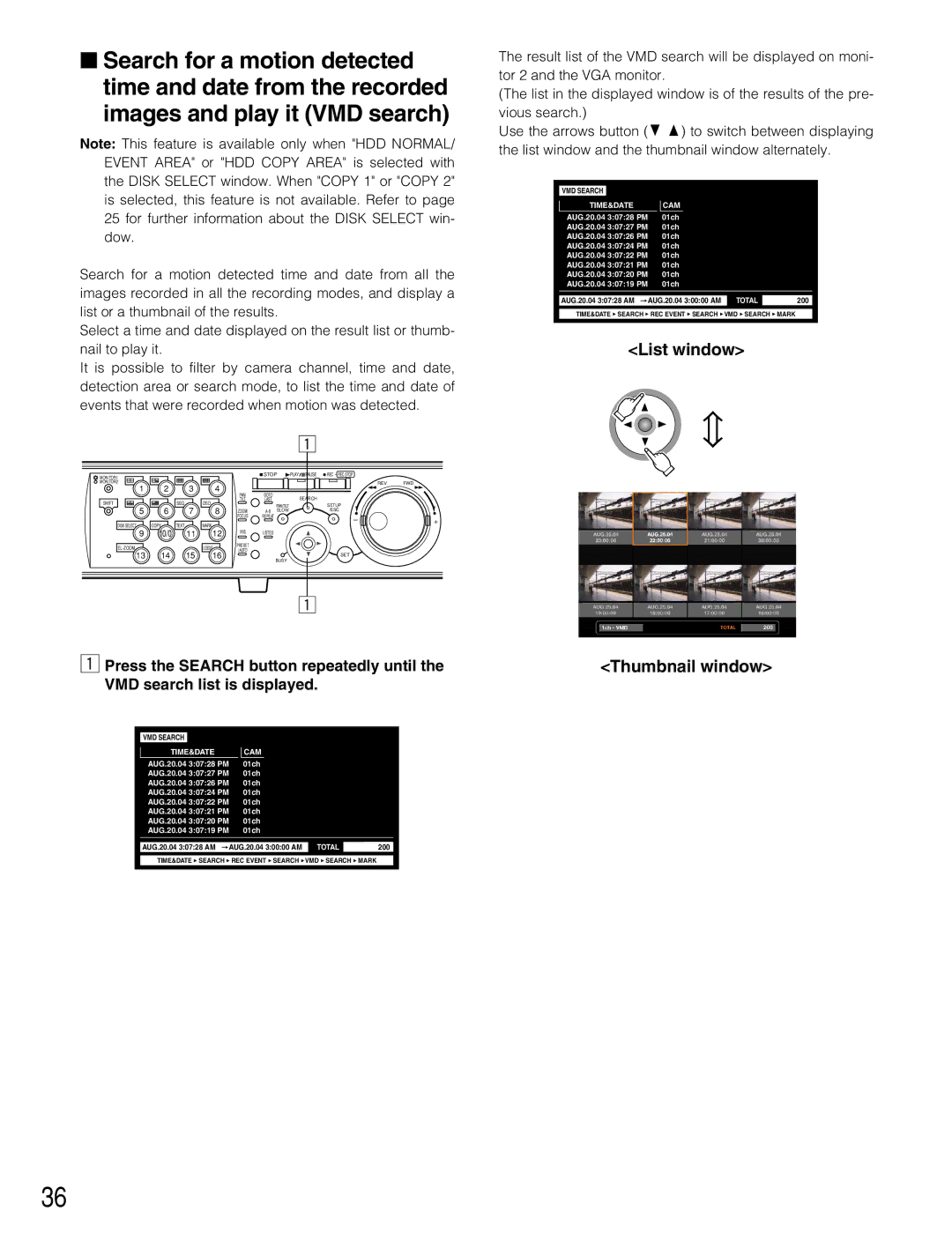 Panasonic WJ-HD309A, WJ-HD316A operating instructions List window Thumbnail window, VMD Search TIME&DATE CAM 