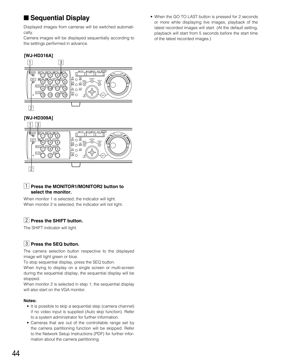 Panasonic WJ-HD309A, WJ-HD316A operating instructions Sequential Display, Press the SEQ button 