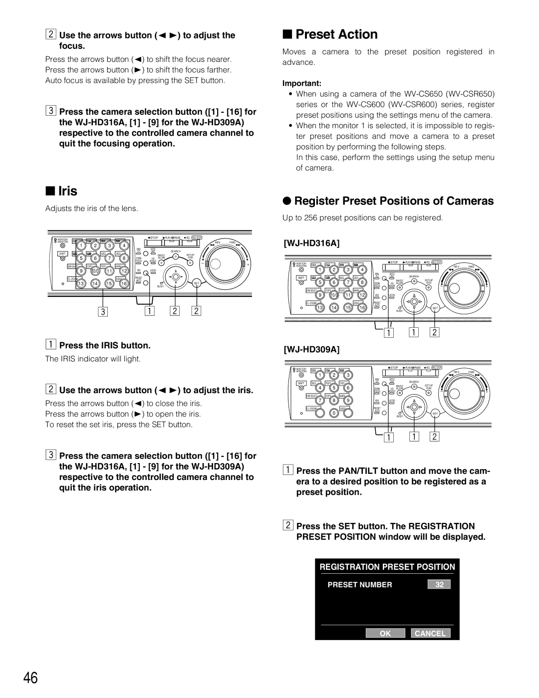 Panasonic WJ-HD309A, WJ-HD316A operating instructions Iris, Preset Action, Register Preset Positions of Cameras 