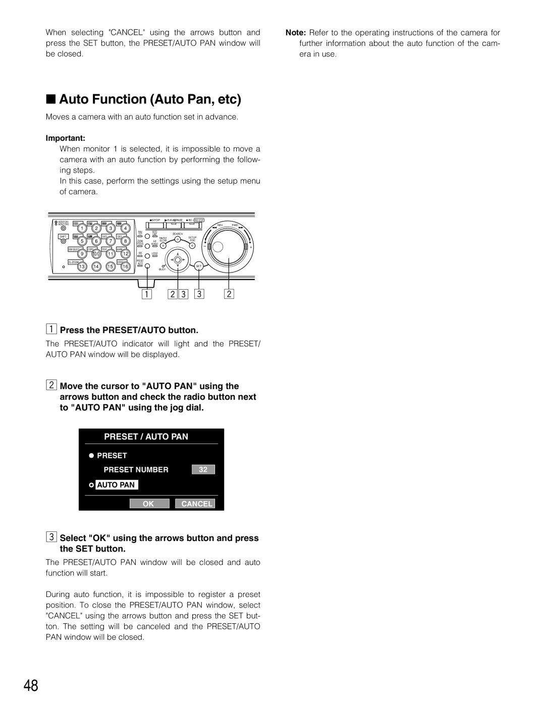 Panasonic WJ-HD309A, WJ-HD316A operating instructions Auto Function Auto Pan, etc 