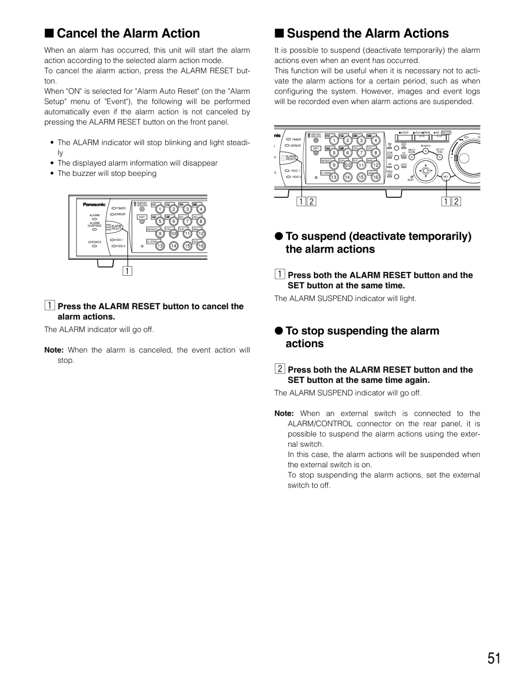 Panasonic WJ-HD316A, WJ-HD309A Cancel the Alarm Action, Suspend the Alarm Actions, To stop suspending the alarm actions 