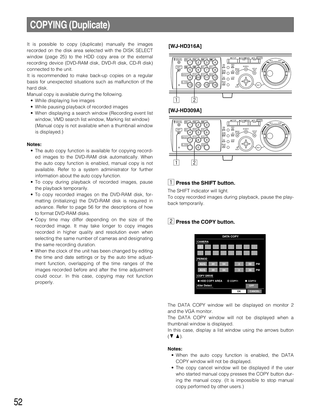 Panasonic WJ-HD309A, WJ-HD316A operating instructions Copying Duplicate, Press the Copy button 