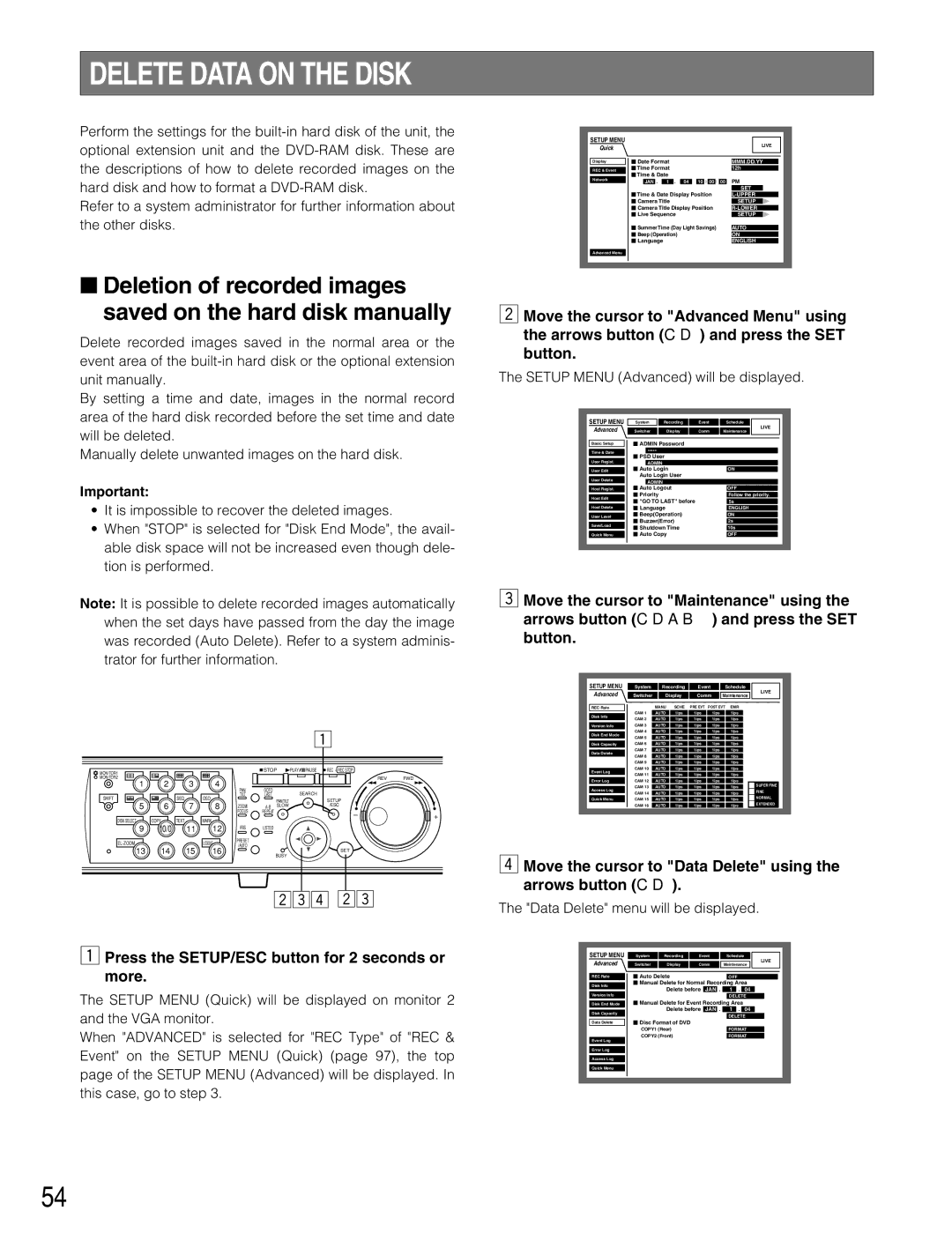 Panasonic WJ-HD309A, WJ-HD316A Delete Data on the Disk, Move the cursor to Data Delete using the arrows button C D 