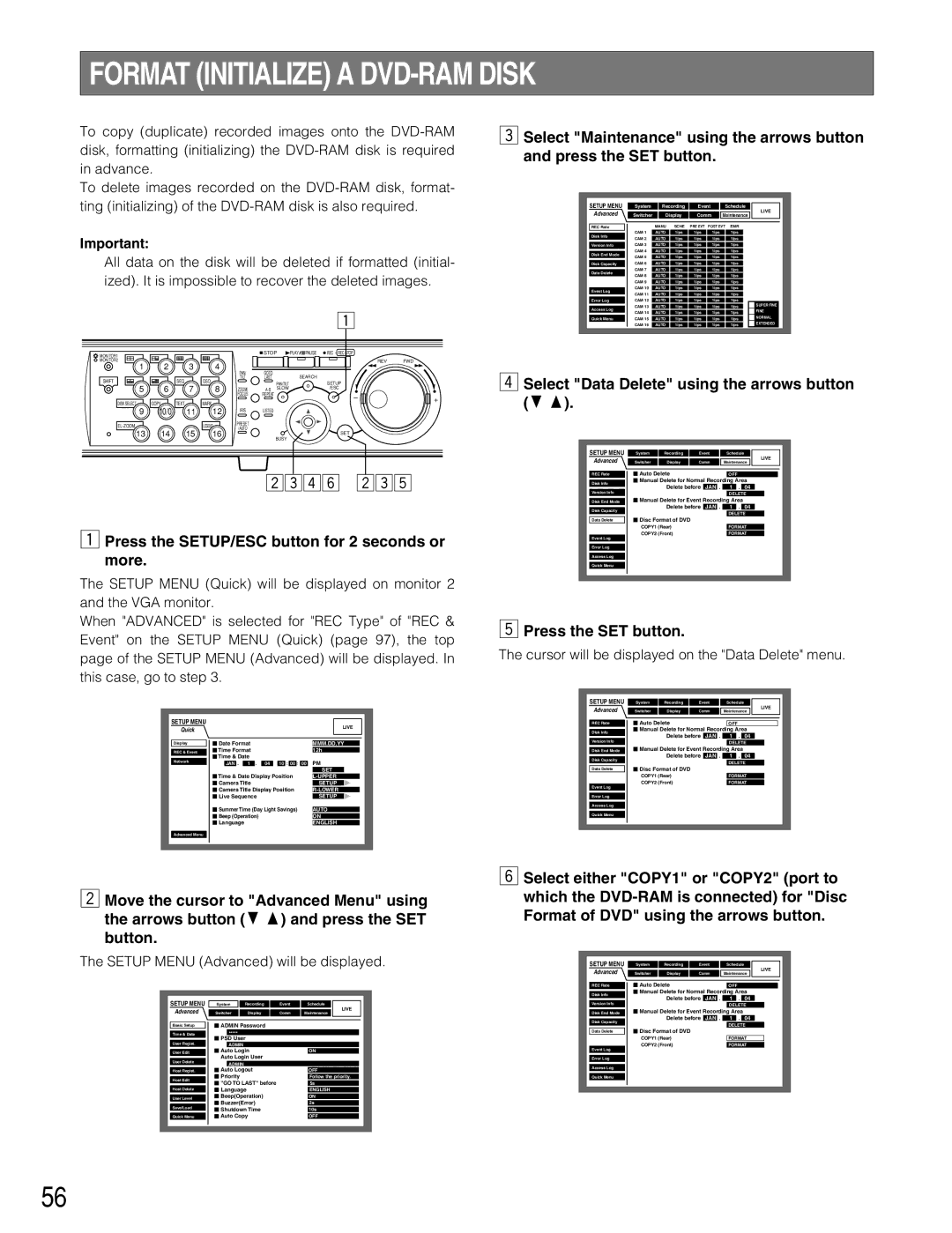 Panasonic WJ-HD309A, WJ-HD316A Format Initialize a DVD-RAM Disk, Select Data Delete using the arrows button C D 