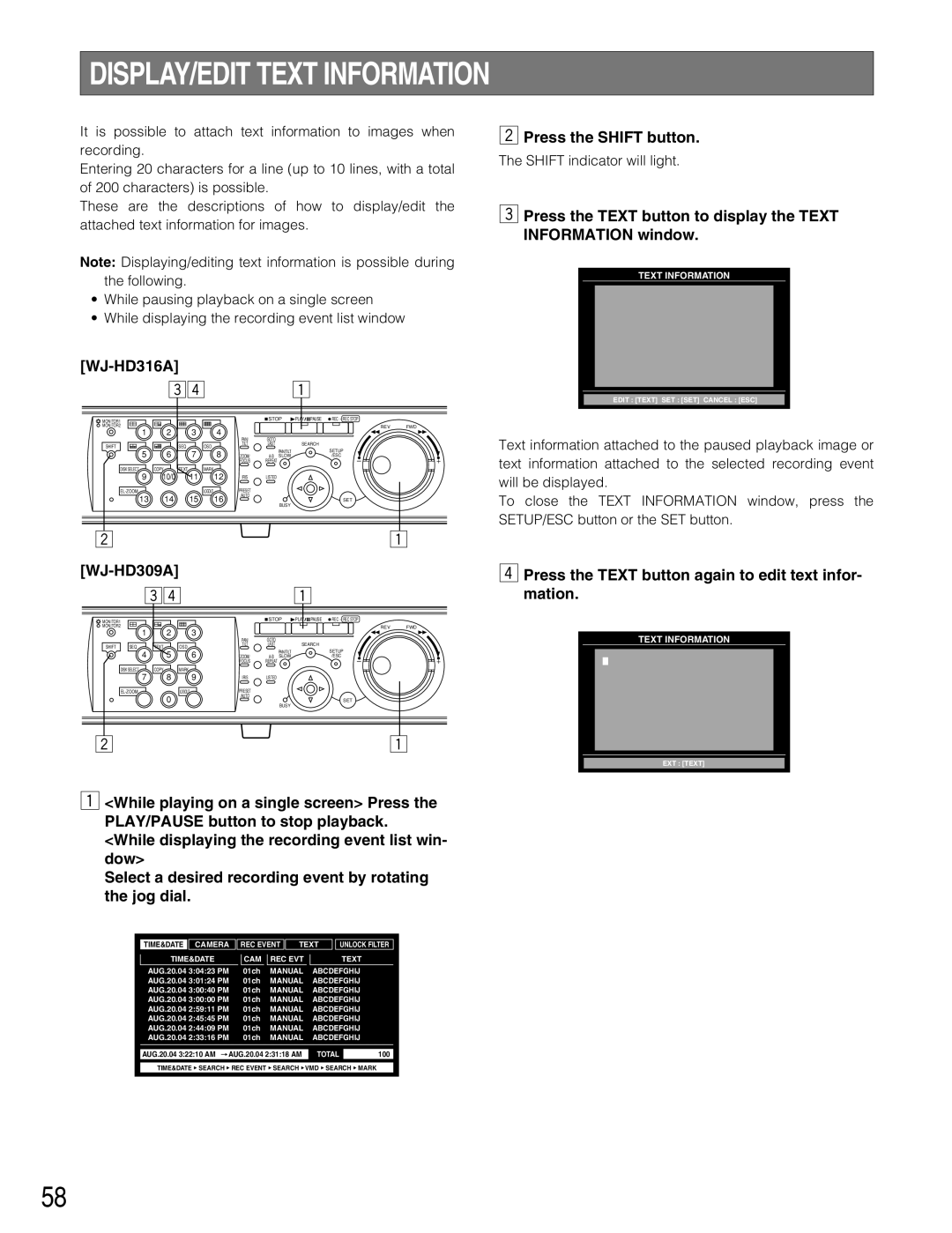 Panasonic WJ-HD309A, WJ-HD316A DISPLAY/EDIT Text Information, Press the Text button again to edit text infor- mation 