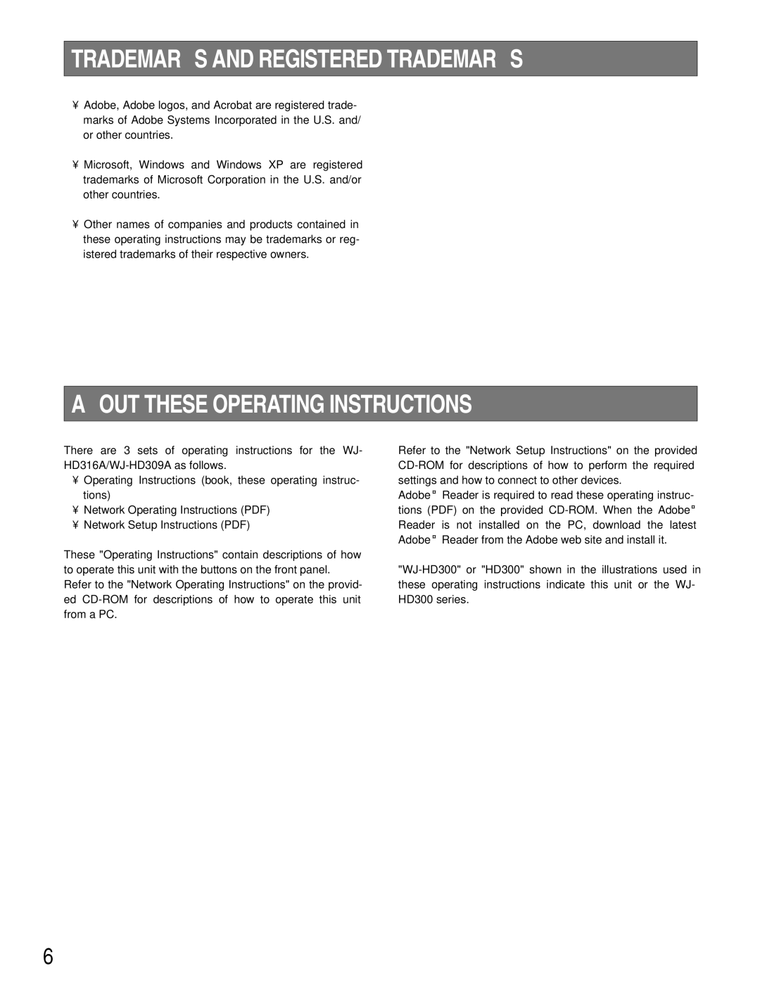 Panasonic WJ-HD309A, WJ-HD316A Trademarks and Registered Trademarks, About These Operating Instructions 