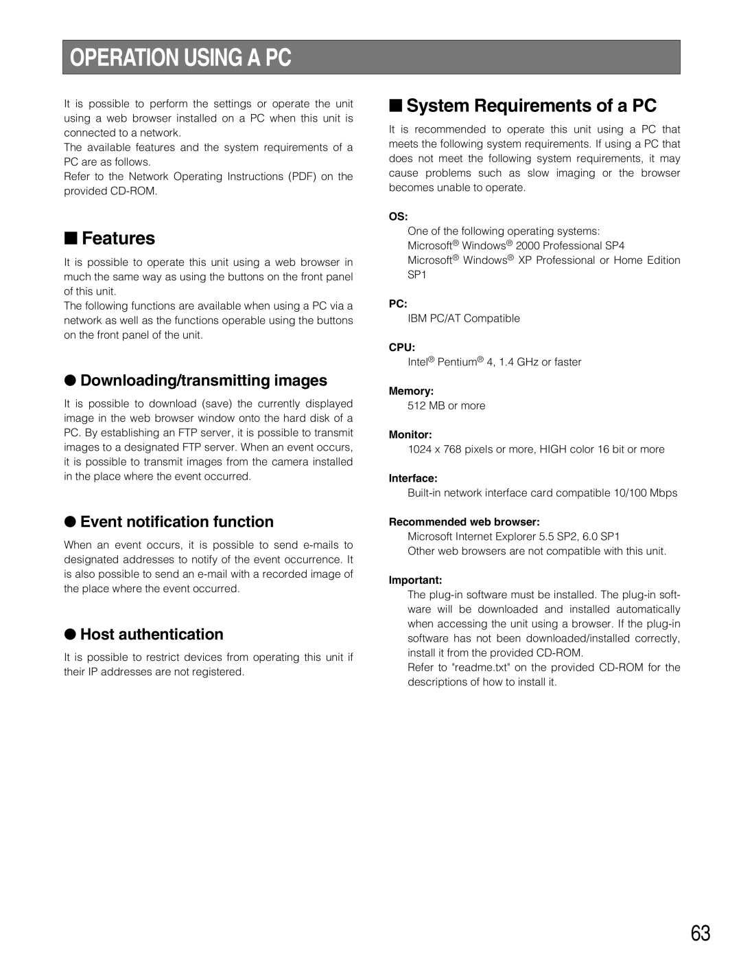 Panasonic WJ-HD316A, WJ-HD309A operating instructions Operation Using a PC, Features, System Requirements of a PC 