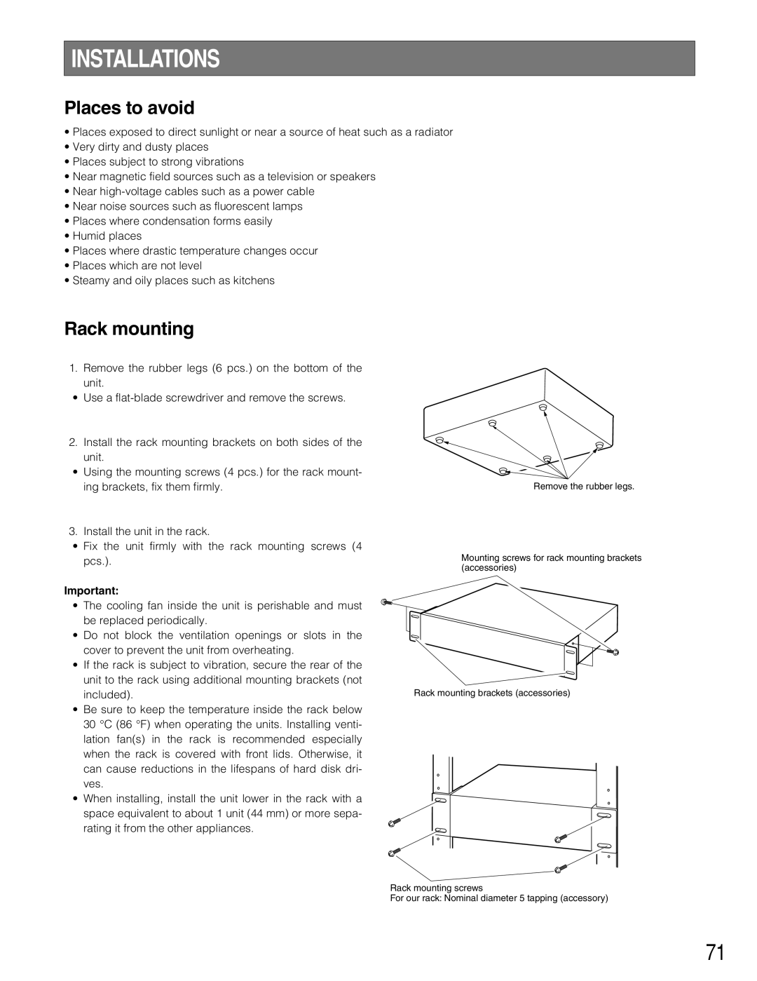 Panasonic WJ-HD316A, WJ-HD309A operating instructions Installations, Places to avoid, Rack mounting 