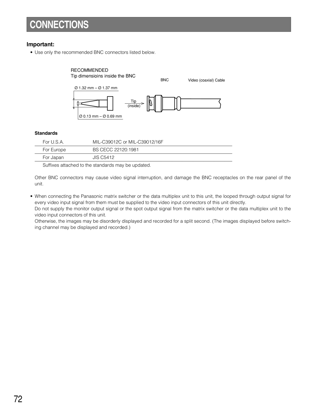 Panasonic WJ-HD309A, WJ-HD316A operating instructions Connections, Recommended, Standards 