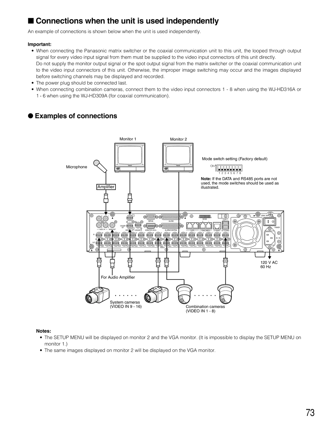 Panasonic WJ-HD316A, WJ-HD309A Connections when the unit is used independently, Examples of connections 