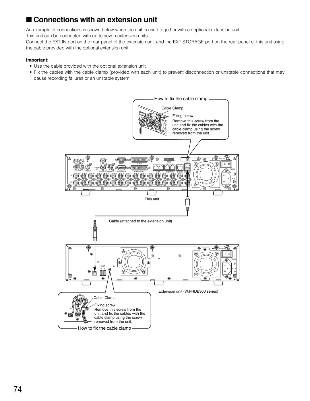 Panasonic WJ-HD309A, WJ-HD316A operating instructions Connections with an extension unit, How to fix the cable clamp 