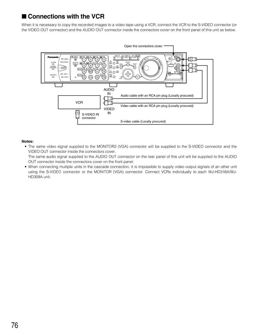 Panasonic WJ-HD309A, WJ-HD316A operating instructions Connections with the VCR, Open the connectors cover 