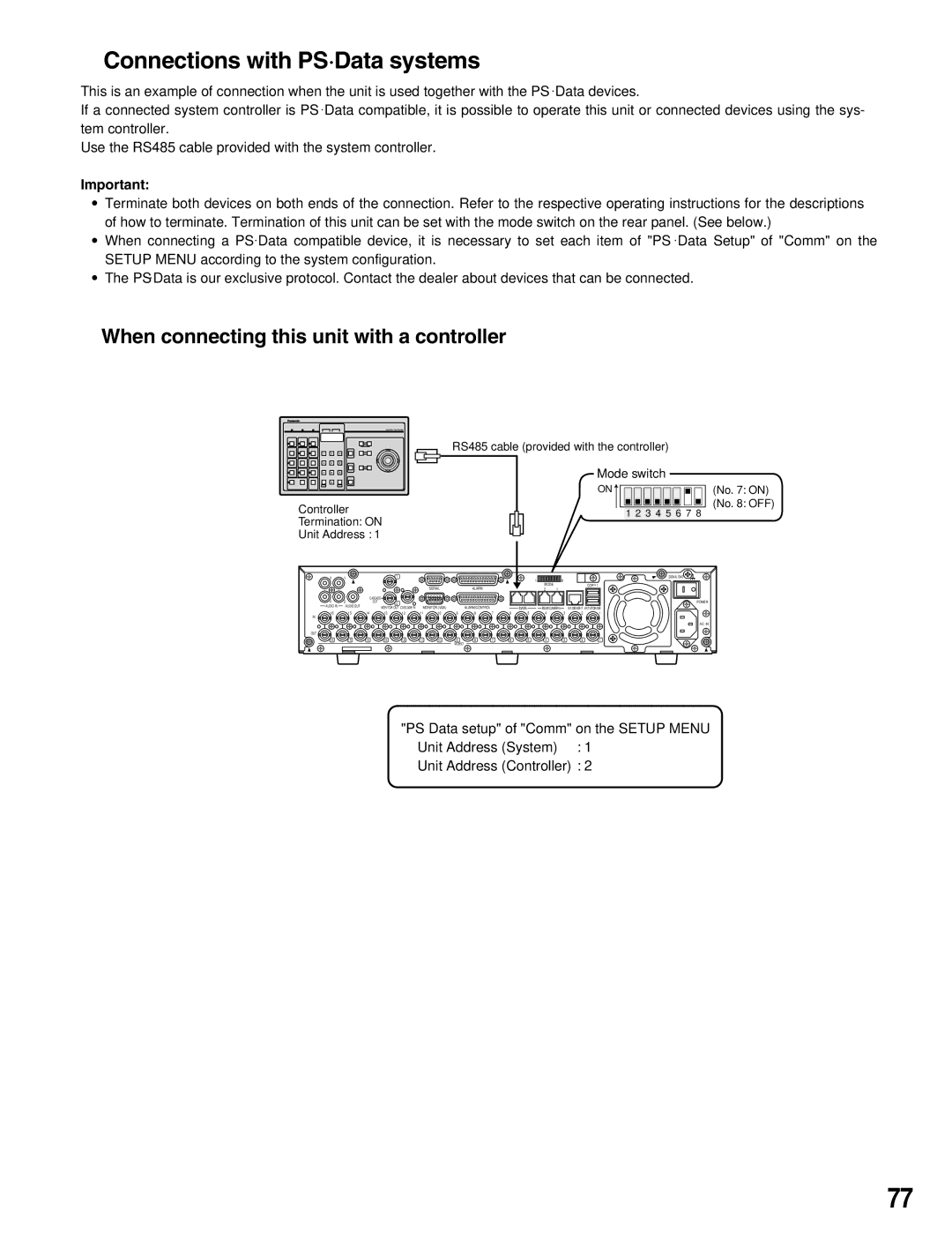 Panasonic WJ-HD316A, WJ-HD309A Connections with PS·Data systems, When connecting this unit with a controller 