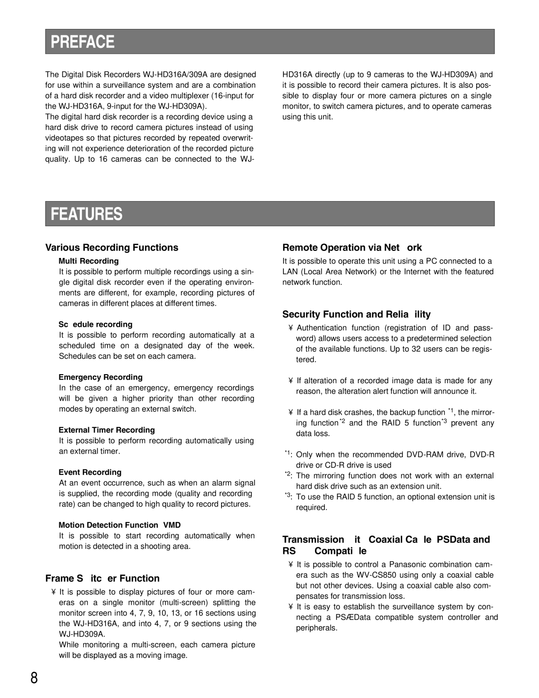 Panasonic WJ-HD309A, WJ-HD316A operating instructions Preface, Features 