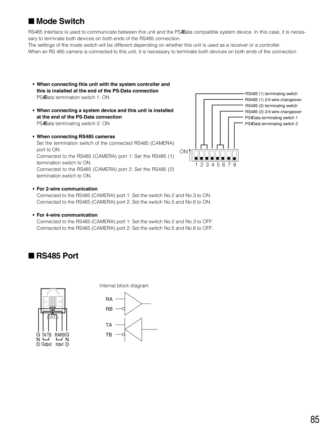 Panasonic WJ-HD316A, WJ-HD309A Mode Switch, RS485 Port, When connecting RS485 cameras, For 2-wire communication 