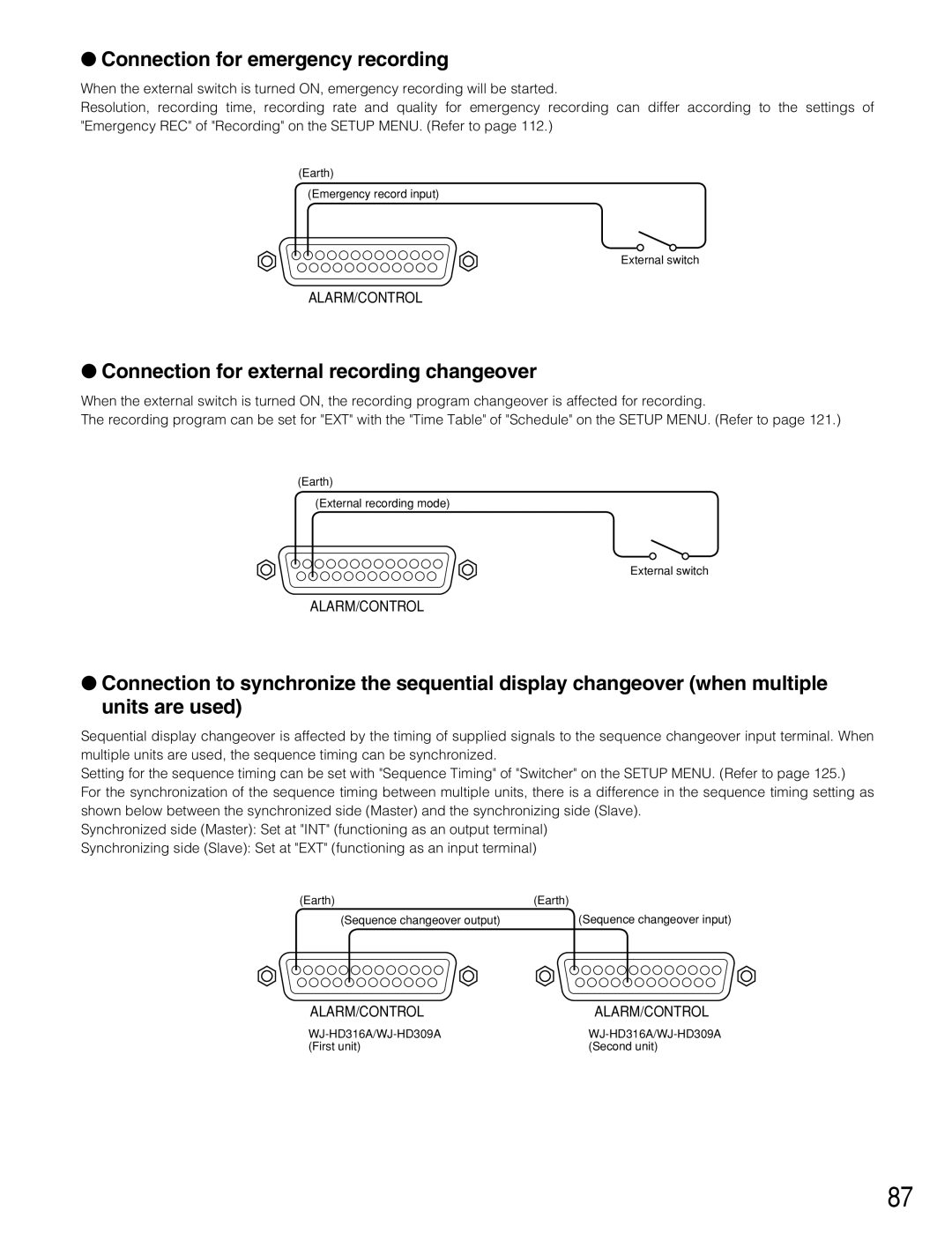 Panasonic WJ-HD316A Connection for emergency recording, Connection for external recording changeover, Alarm/Control 