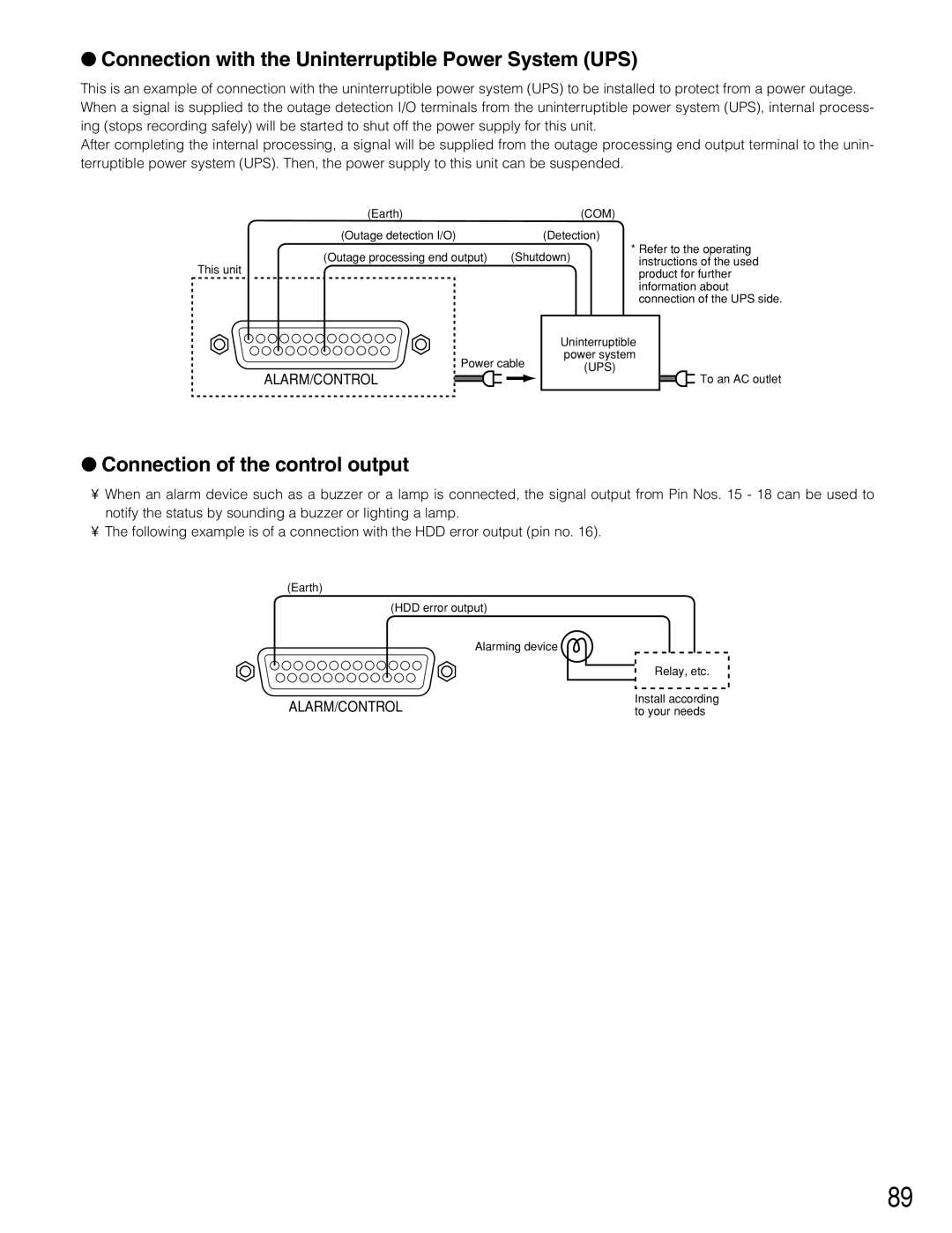 Panasonic WJ-HD316A, WJ-HD309A Connection with the Uninterruptible Power System UPS, Connection of the control output 