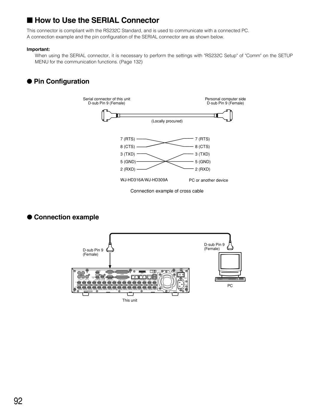 Panasonic WJ-HD309A, WJ-HD316A operating instructions How to Use the Serial Connector, Pin Configuration, Connection example 