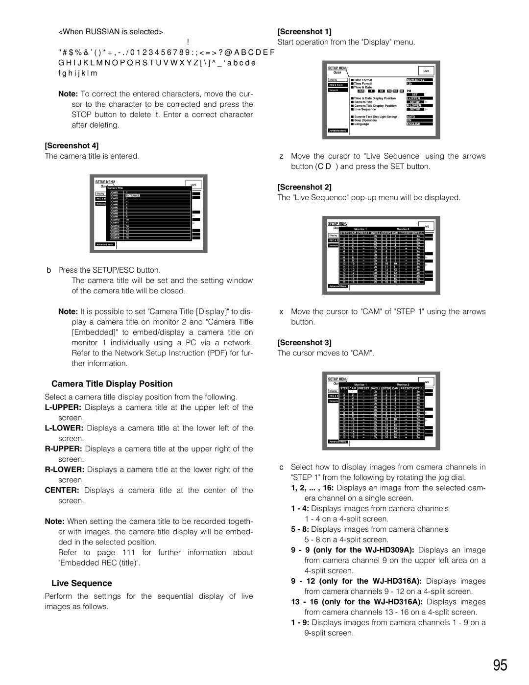 Panasonic WJ-HD316A, WJ-HD309A operating instructions Camera Title Display Position, Live Sequence 