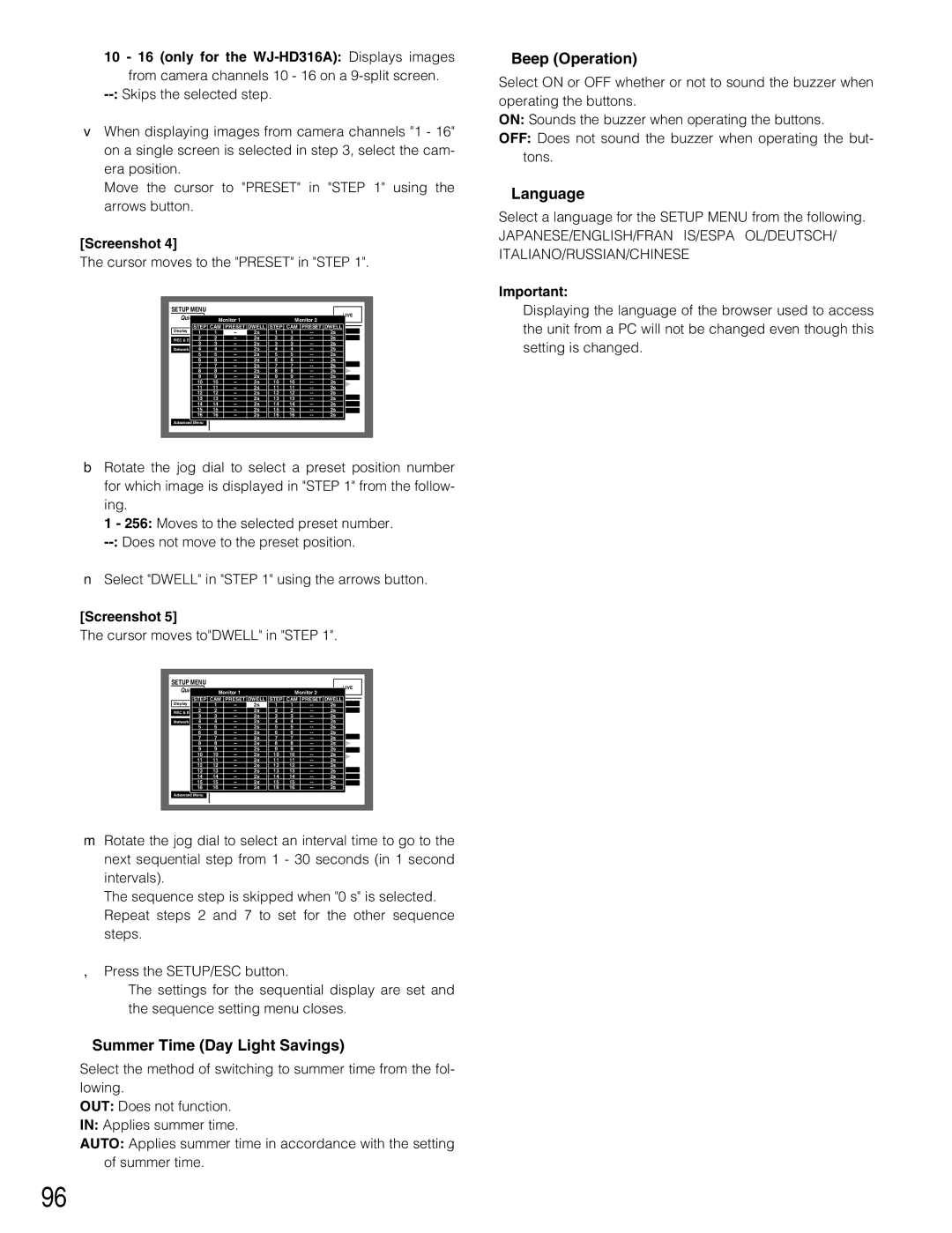 Panasonic WJ-HD309A, WJ-HD316A operating instructions Summer Time Day Light Savings, Beep Operation, Language 