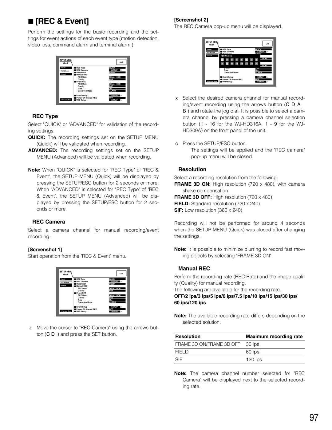 Panasonic WJ-HD316A, WJ-HD309A operating instructions REC & Event, REC Type, REC Camera, Resolution, Manual REC 