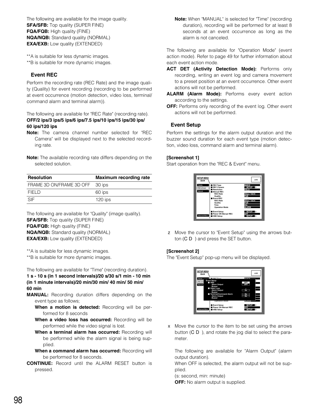 Panasonic WJ-HD309A, WJ-HD316A Event REC, Event Setup, When a motion is detected Recording will be per 