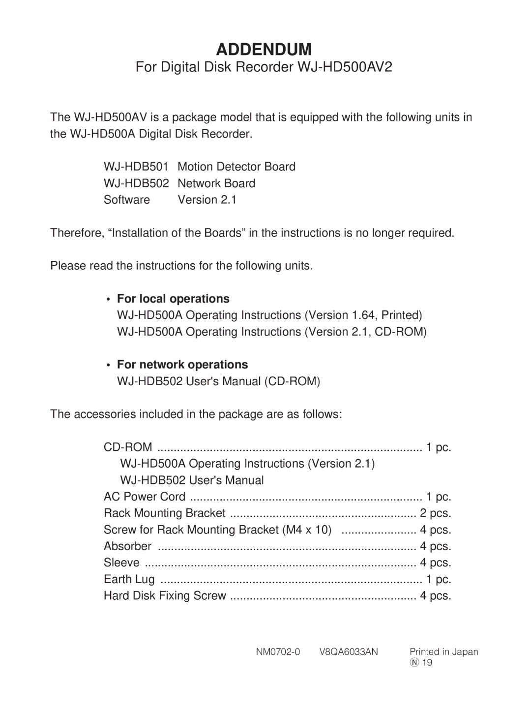 Panasonic WJ-HD500A manual Addendum 