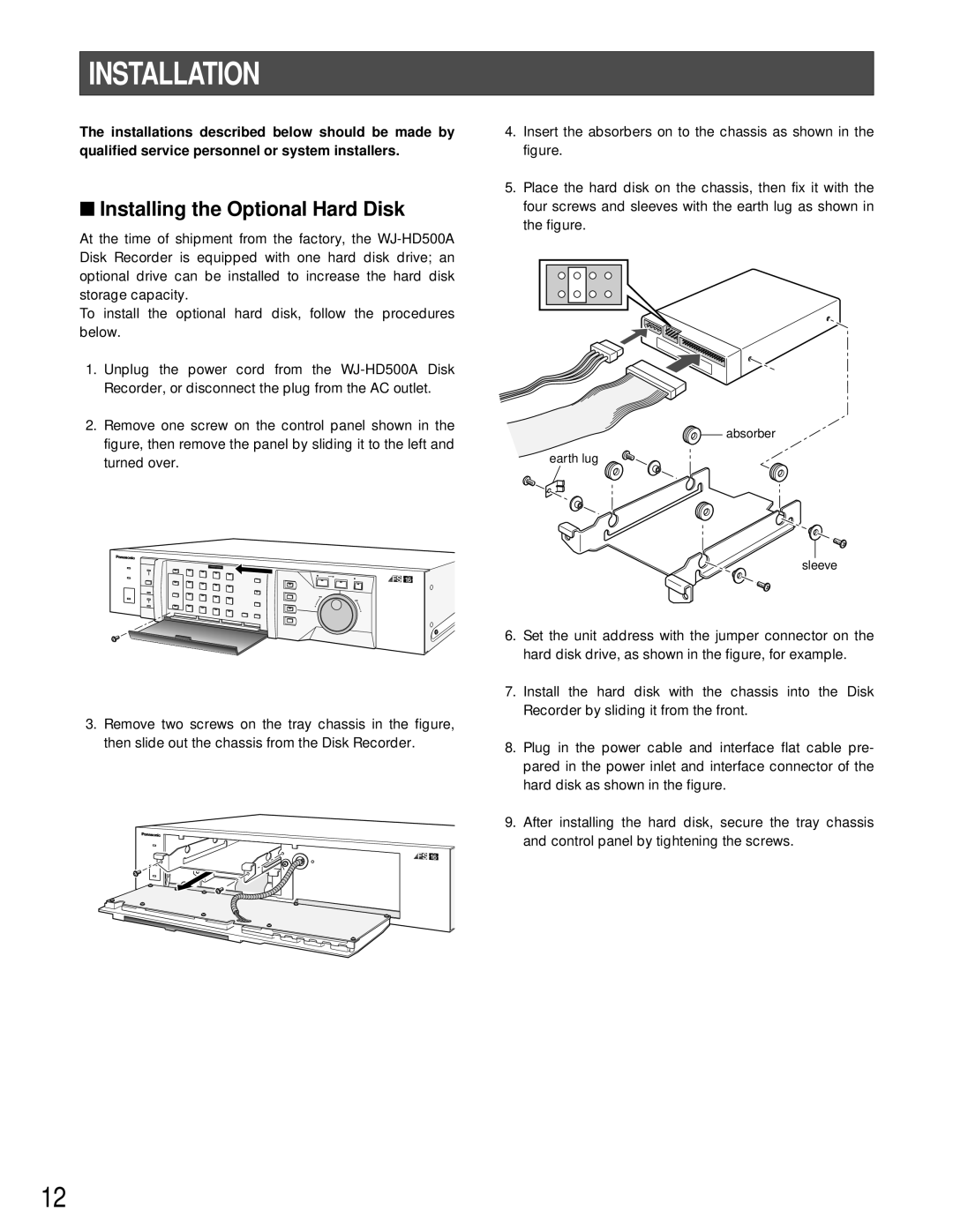 Panasonic WJ-HD500A manual Installation, Installing the Optional Hard Disk 