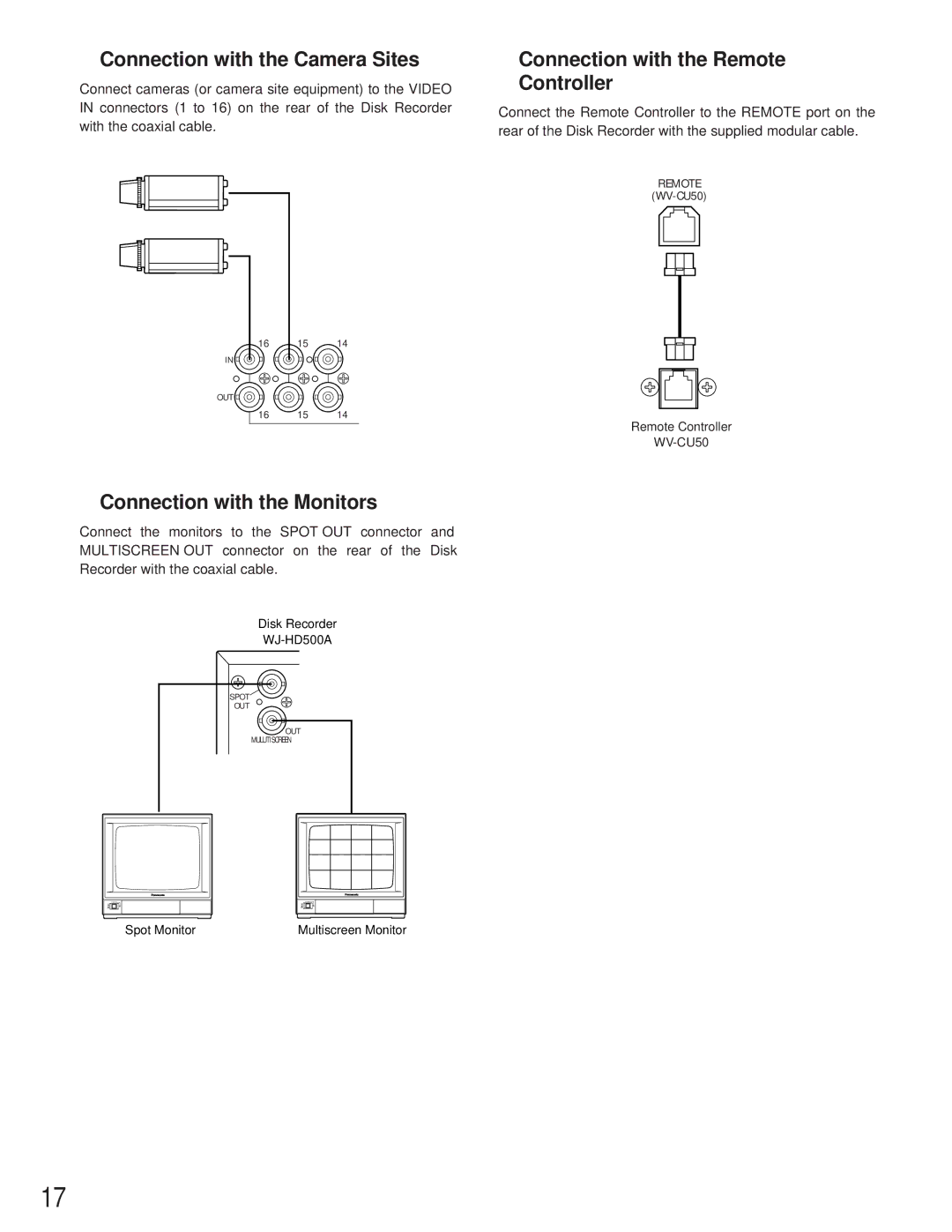 Panasonic WJ-HD500A Connection with the Camera Sites, Connection with the Monitors, Connection with the Remote Controller 