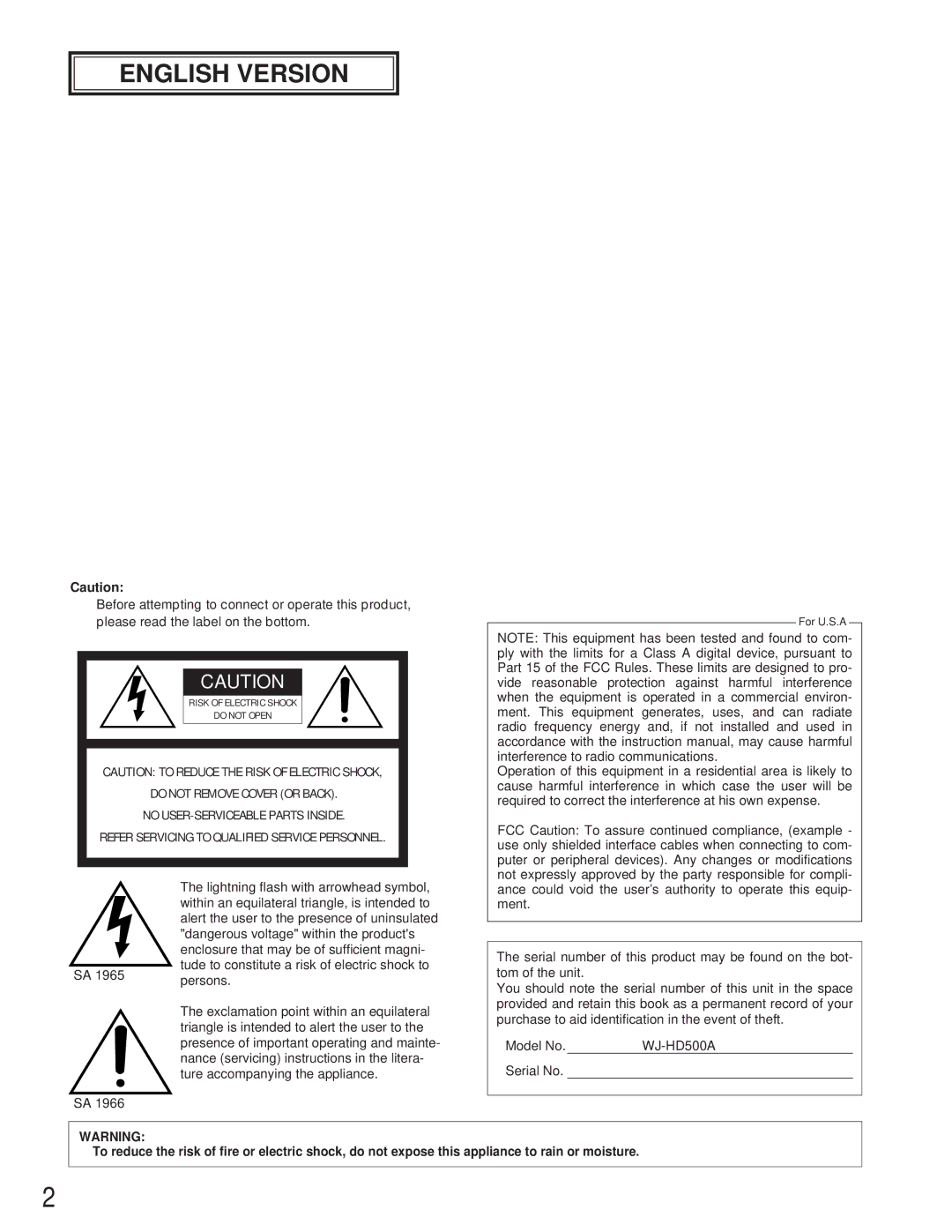 Panasonic WJ-HD500A manual English Version 