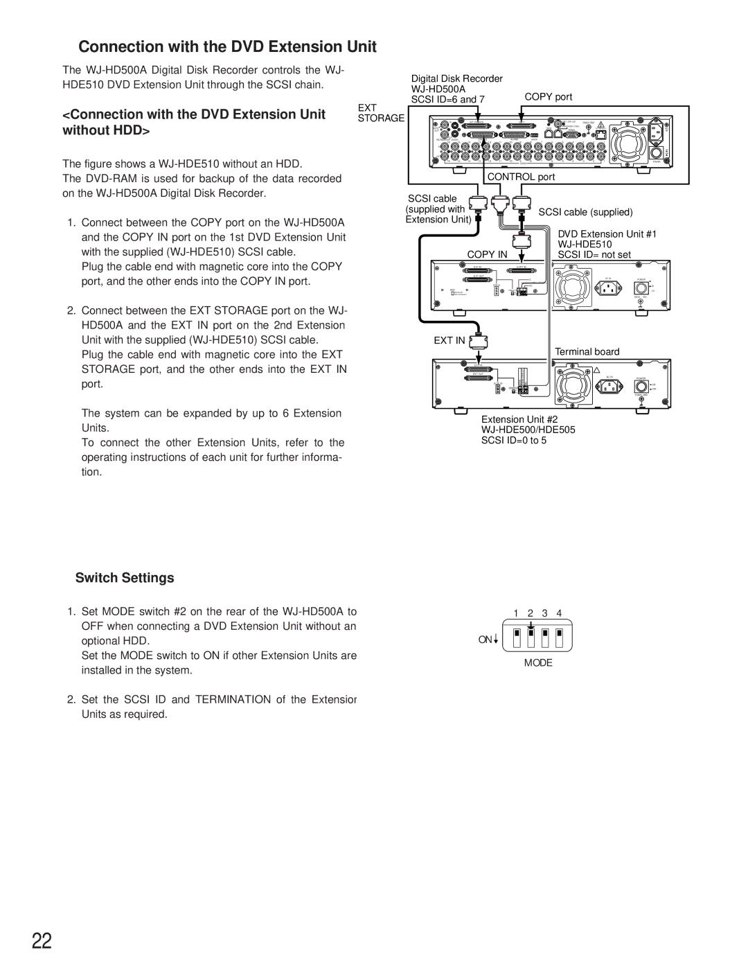 Panasonic WJ-HD500A manual Connection with the DVD Extension Unit without HDD, Switch Settings 