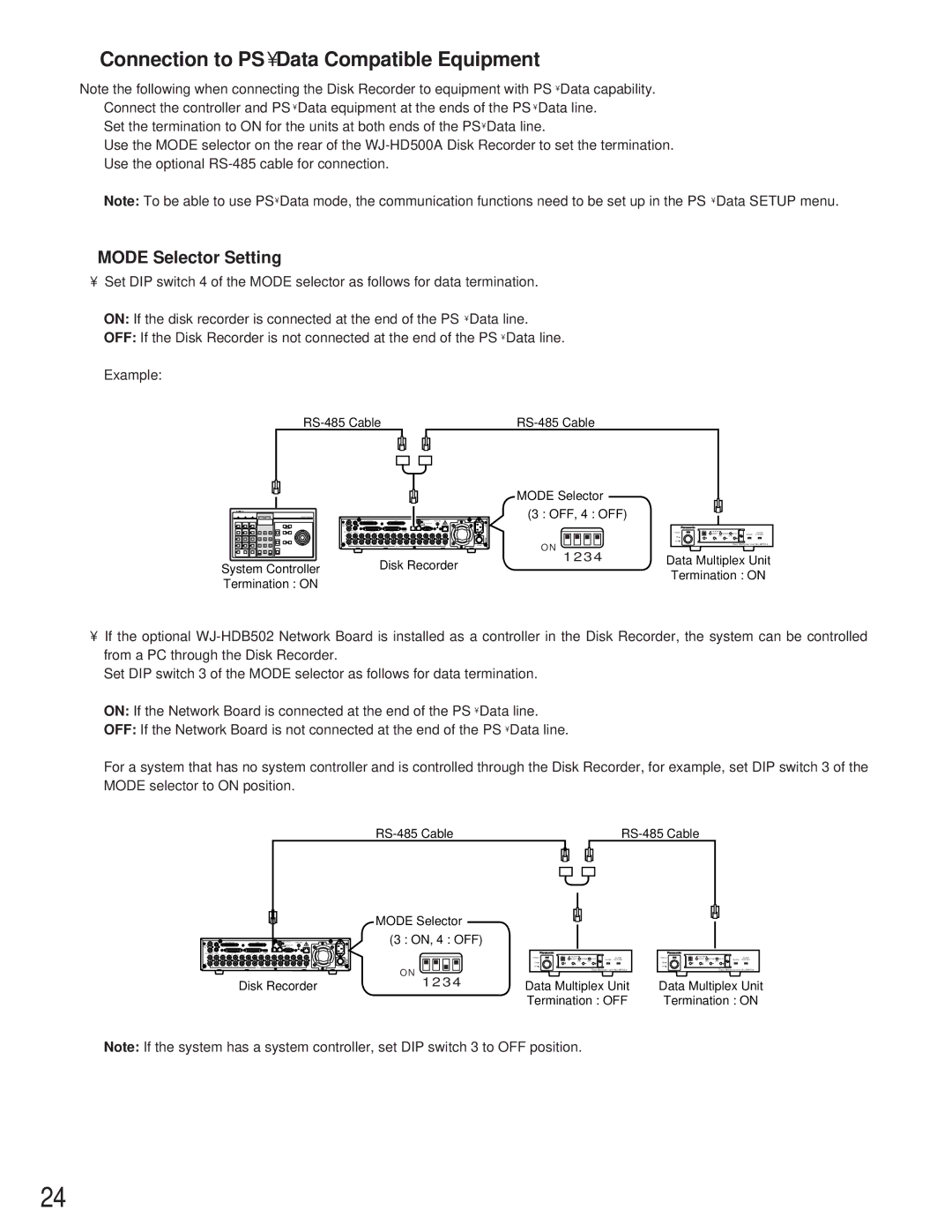 Panasonic WJ-HD500A manual Connection to PSData Compatible Equipment, Mode Selector Setting 