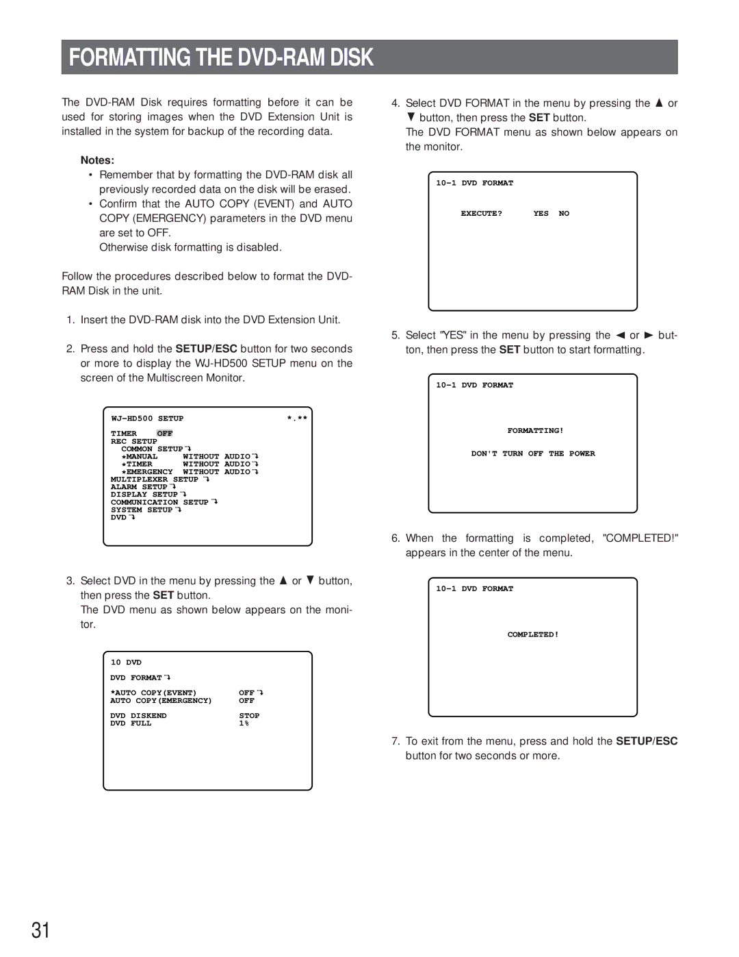 Panasonic WJ-HD500A manual Formatting the DVD-RAM Disk 