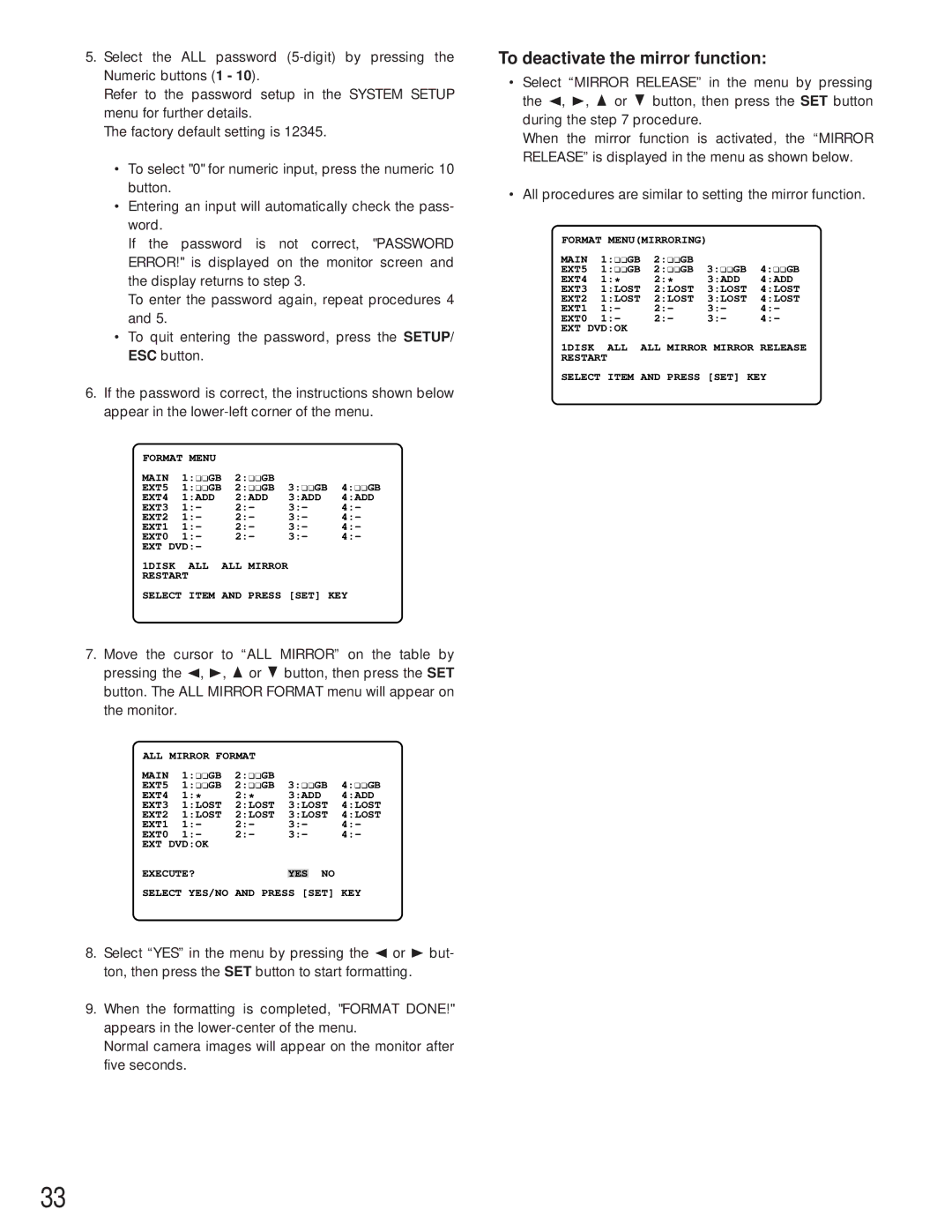 Panasonic WJ-HD500A manual To deactivate the mirror function 