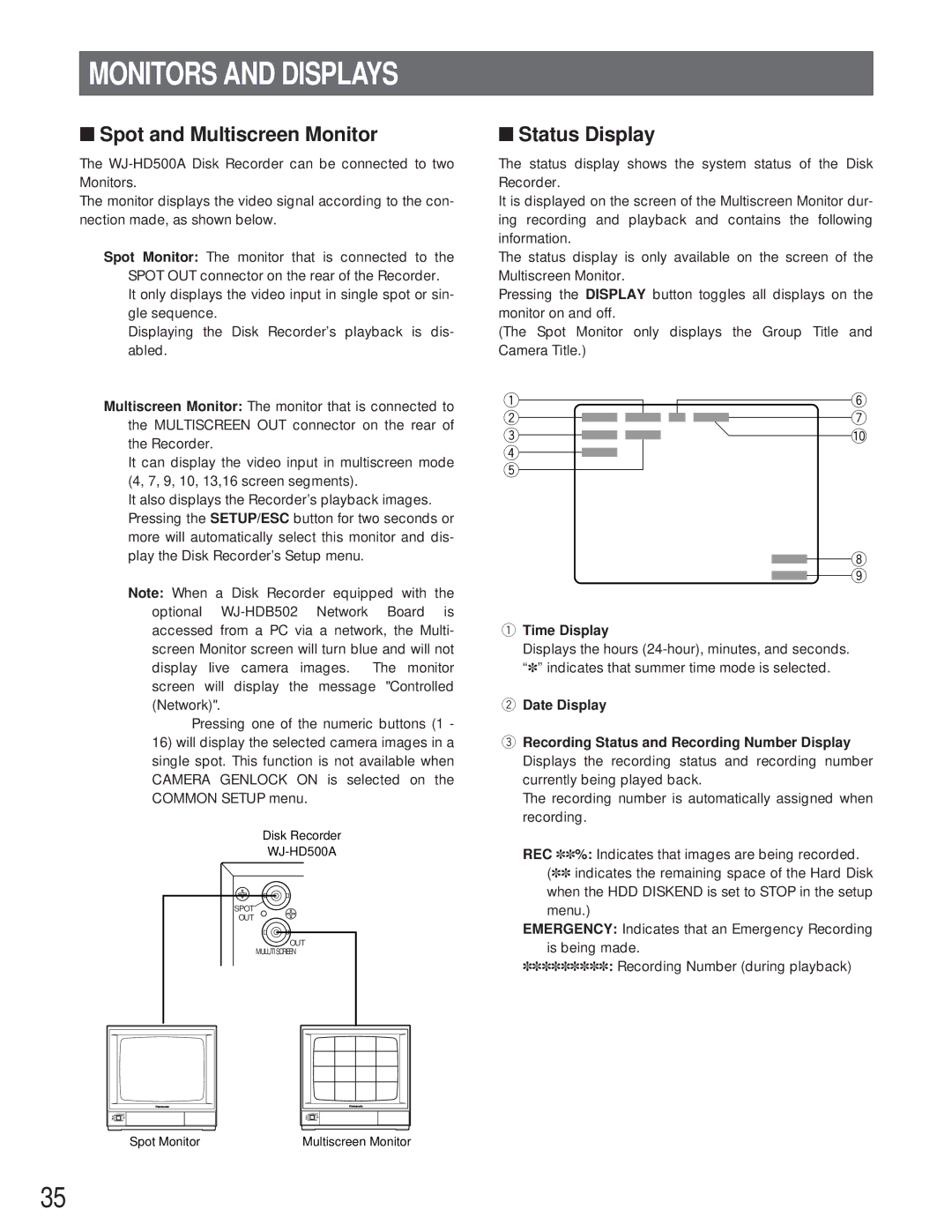 Panasonic WJ-HD500A manual Monitors and Displays, Spot and Multiscreen Monitor, Status Display, Time Display 