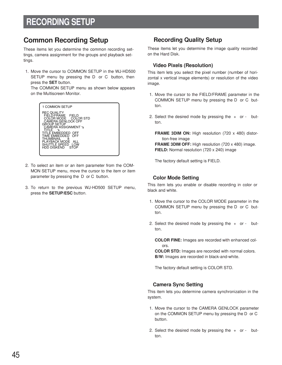 Panasonic WJ-HD500A manual Recording Setup, Recording Quality Setup, Video Pixels Resolution, Color Mode Setting 