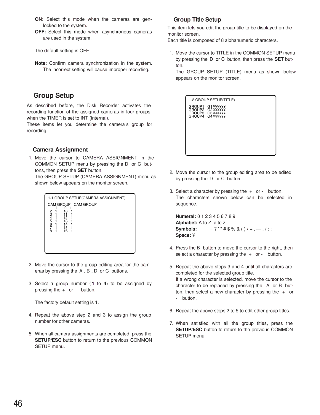 Panasonic WJ-HD500A manual Group Setup, Group Title Setup, Camera Assignment, Space 