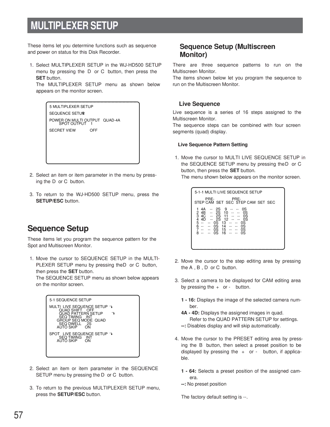 Panasonic WJ-HD500A manual Multiplexer Setup, Sequence Setup Multiscreen Monitor, Live Sequence Pattern Setting 