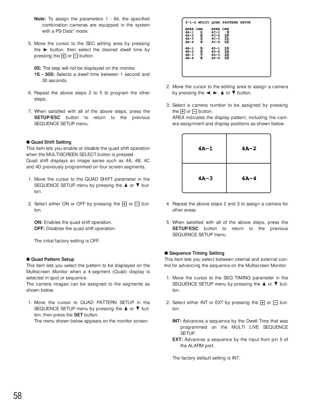 Panasonic WJ-HD500A manual Quad Shift Setting, Quad Pattern Setup, Sequence Timing Setting 